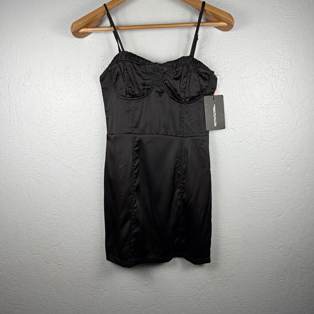 PrettyLittleThing Black Satin Bustier Mini Dress Women's US 2 Petite NWT